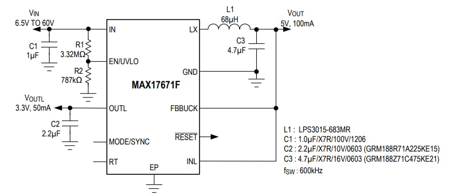 애플리케이션 회로도 - Analog Devices / Maxim Integrated MAX1767x 4V-60V 강압 DC-DC 컨버터